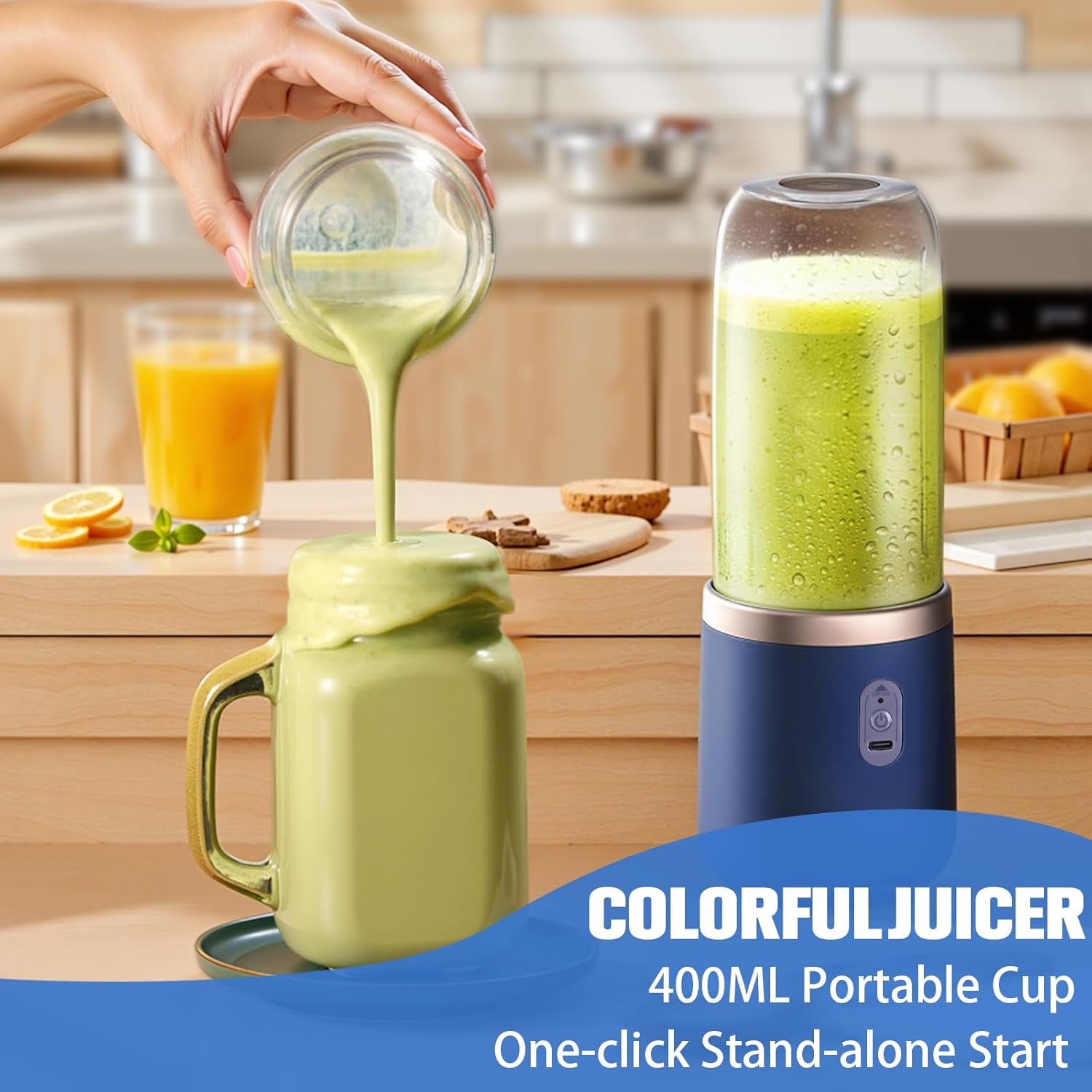 Unleash Your Smoothie Game with the Powerful Portable Blender - 40W Mini Maker with 6 Blades, USB Rechargeable, Includes 2 Cups & Lid - Ideal for Home, Office, Sports & Camping!