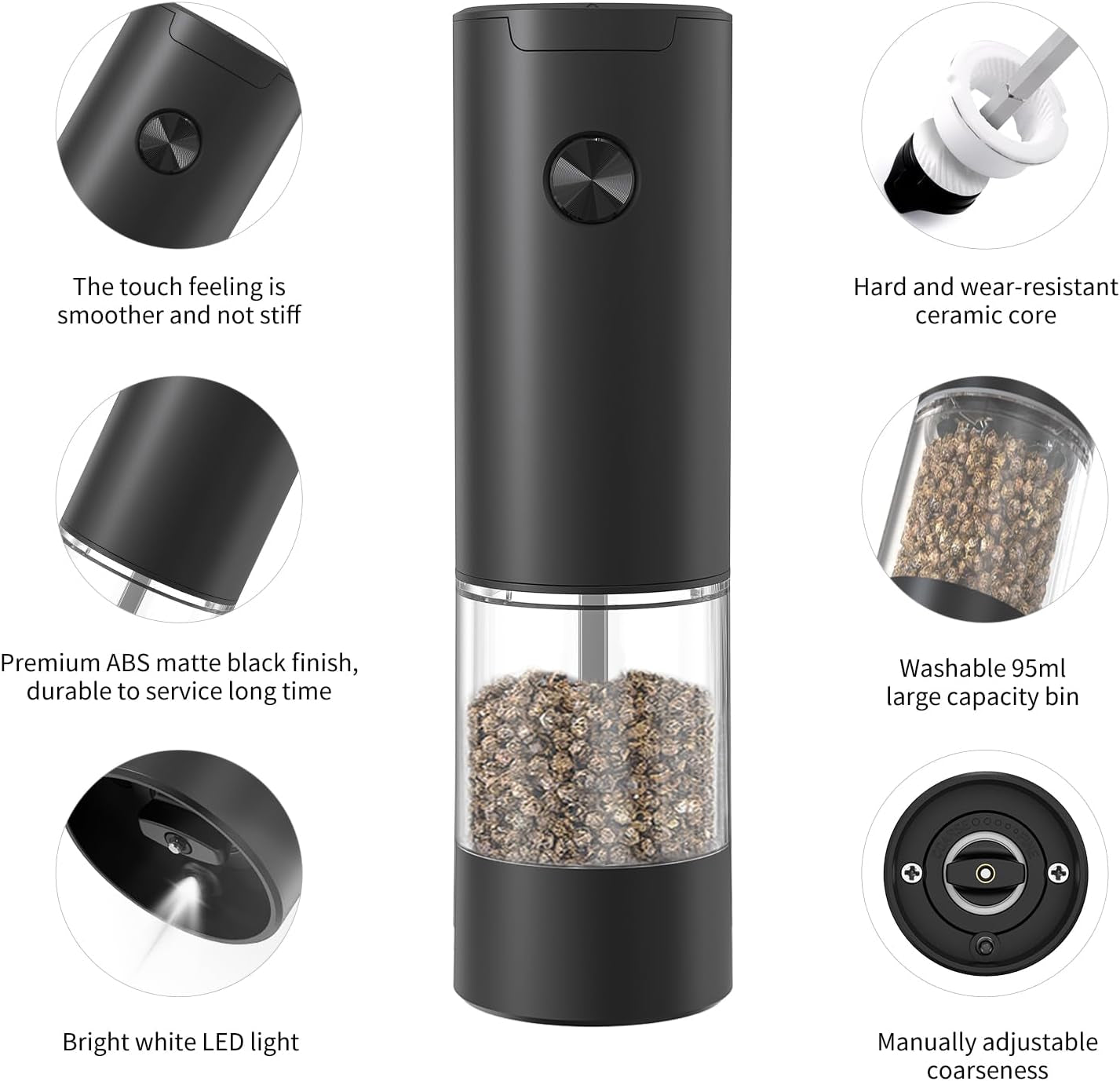 Sleek Black Premium Electric Salt and Pepper Grinder Set - Effortless One-Handed Operation with LED Light & Adjustable Coarseness
