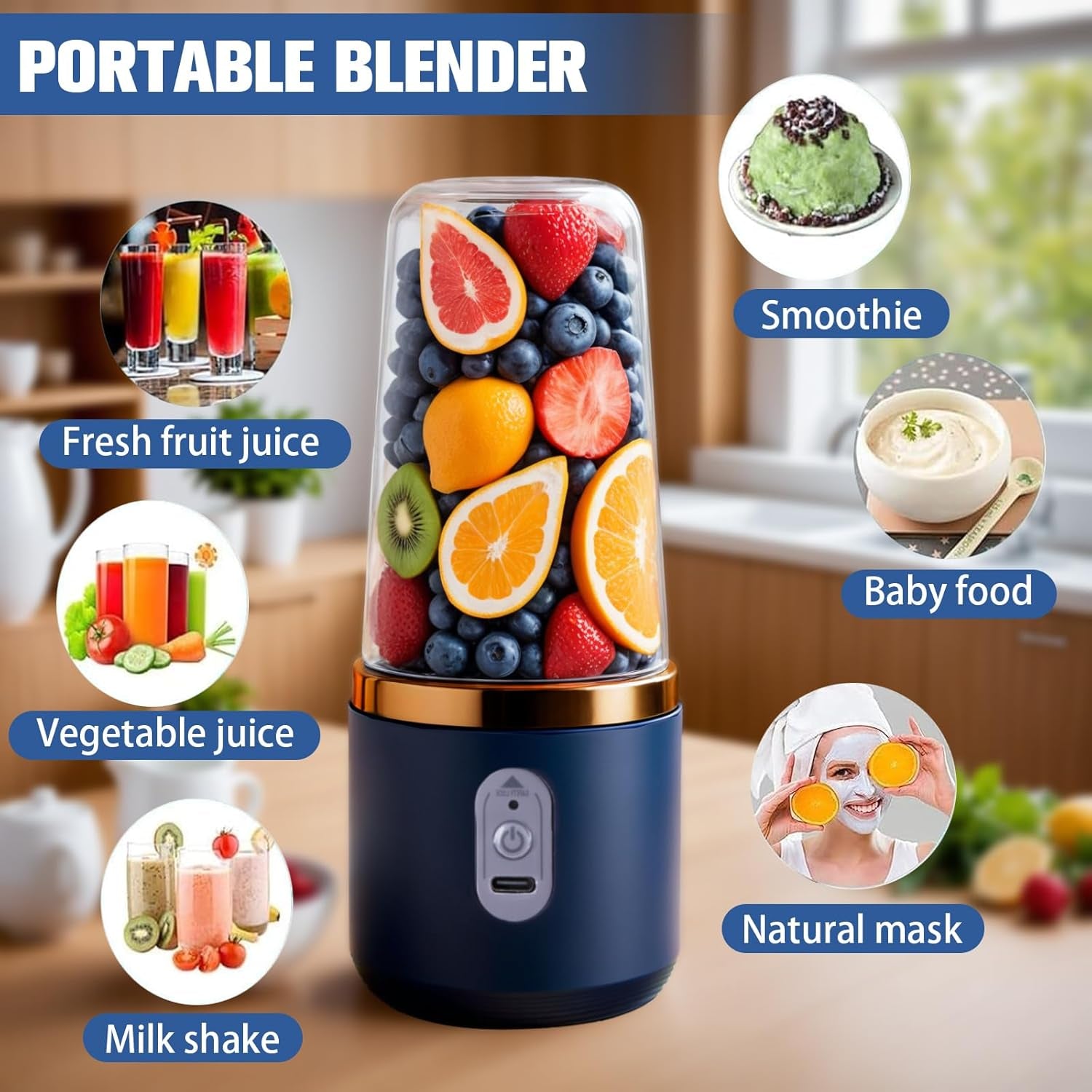 Unleash Your Smoothie Game with the Powerful Portable Blender - 40W Mini Maker with 6 Blades, USB Rechargeable, Includes 2 Cups & Lid - Ideal for Home, Office, Sports & Camping!