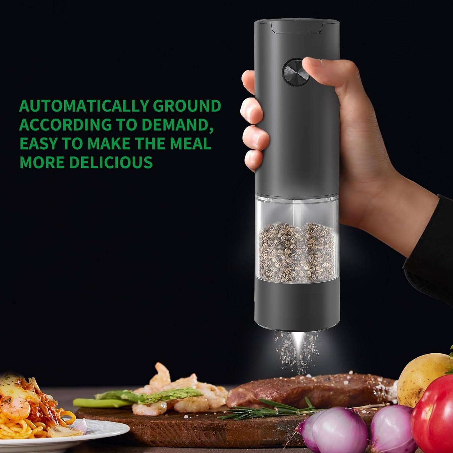 Sleek Black Premium Electric Salt and Pepper Grinder Set - Effortless One-Handed Operation with LED Light & Adjustable Coarseness