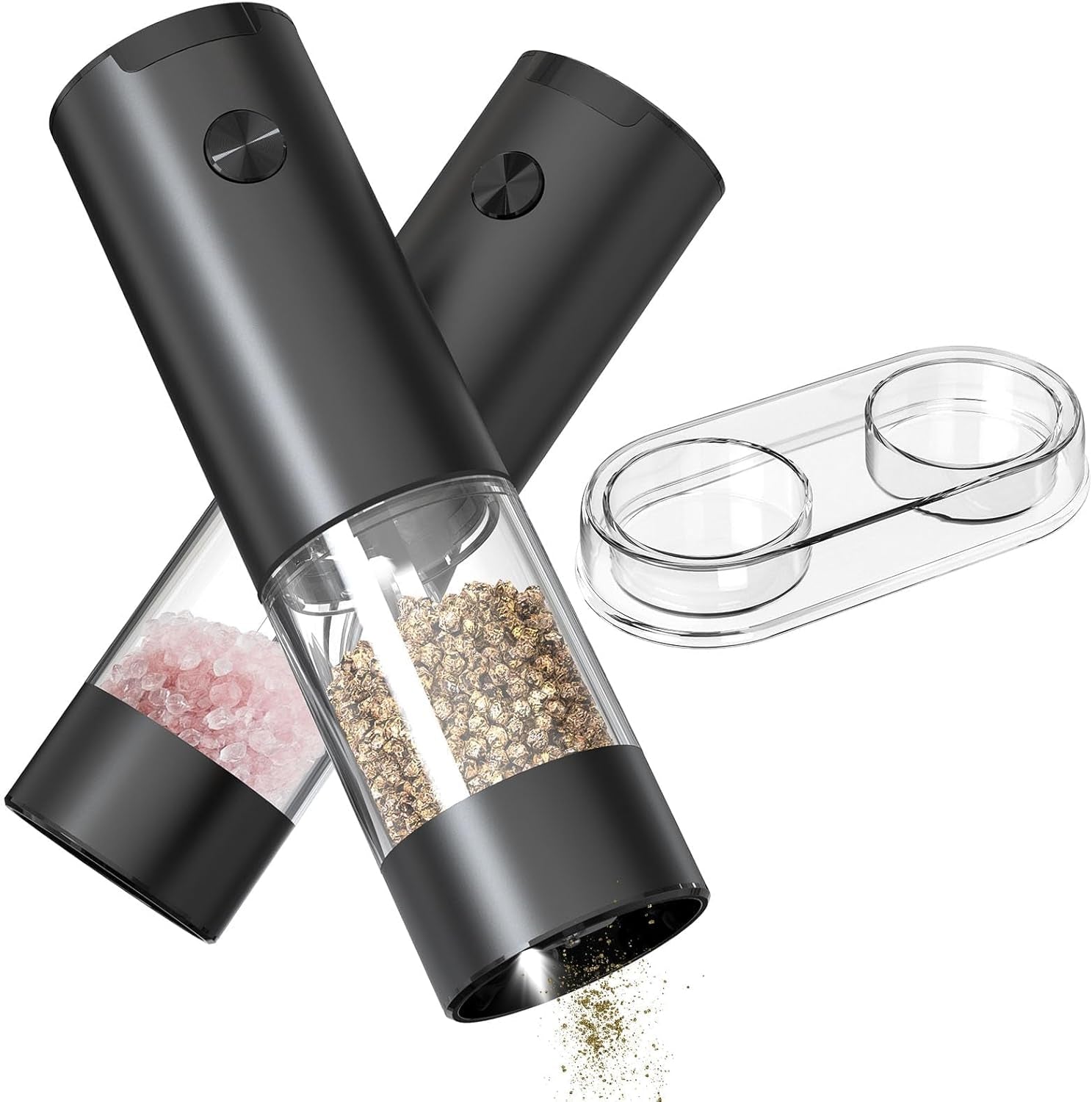 Sleek Black Premium Electric Salt and Pepper Grinder Set - Effortless One-Handed Operation with LED Light & Adjustable Coarseness