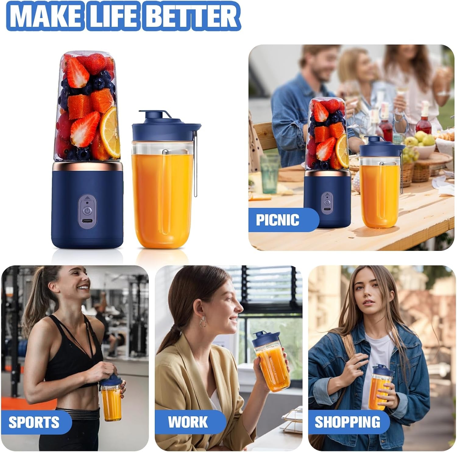 Unleash Your Smoothie Game with the Powerful Portable Blender - 40W Mini Maker with 6 Blades, USB Rechargeable, Includes 2 Cups & Lid - Ideal for Home, Office, Sports & Camping!