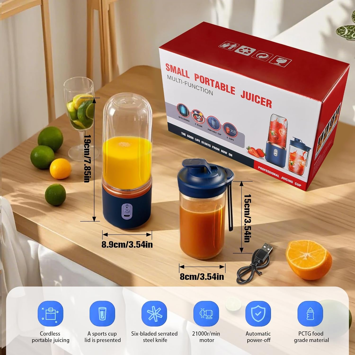 Unleash Your Smoothie Game with the Powerful Portable Blender - 40W Mini Maker with 6 Blades, USB Rechargeable, Includes 2 Cups & Lid - Ideal for Home, Office, Sports & Camping!