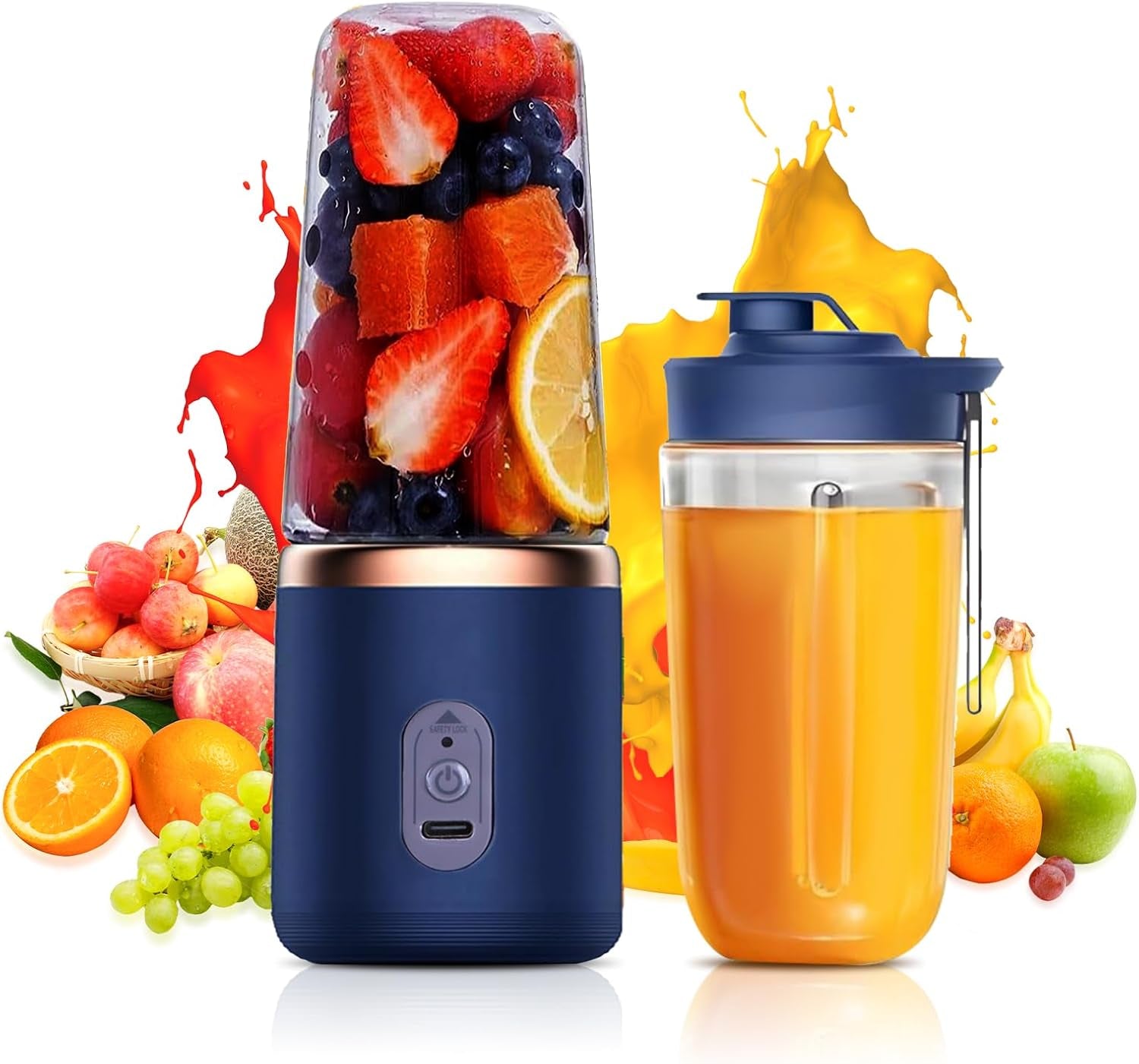 Unleash Your Smoothie Game with the Powerful Portable Blender - 40W Mini Maker with 6 Blades, USB Rechargeable, Includes 2 Cups & Lid - Ideal for Home, Office, Sports & Camping!